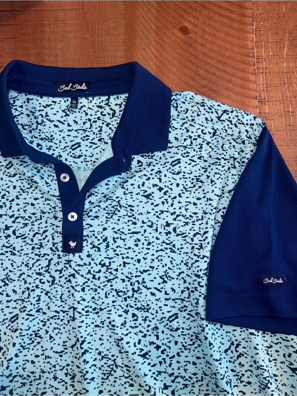 Bad Birdie Aqua and Navy Speckle Polo